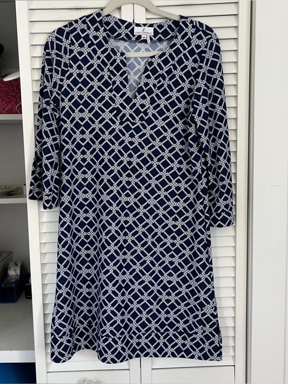 Jude Connally Navy and White Geometric 3/4 -Sleeve Shift Dress Sz Medium
